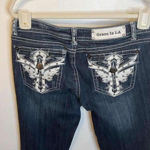Grace in LA Womens Embellished Pocket Bling Flare Low Rise Jeans Size 30 (34) - Picture 11 of 12